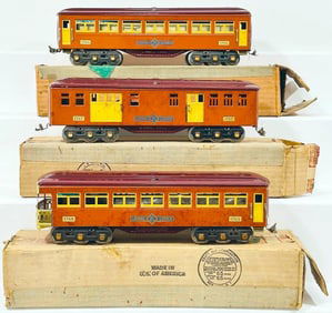 Lionel Prewar Standard Gauge 1766/1767/1768 terra - cotta and maroon Passenger Cars