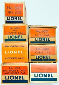 Lionel Postwar O Gauge 6436 - 110 Hopper Car/6456 red Hopper Car/6561 Cable Car X2/6511 Pipe