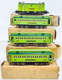 Lionel Prewar Standard Gauge 9E two tone green Electric Locomotive and Three Stephen Girard Cars