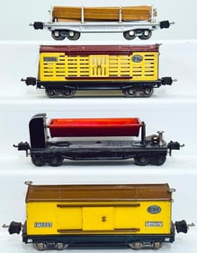 Lionel Prewar O Gauge 813 cream and maroon Livestock Car/811 silver Lumber Car with load/814 Car
