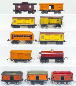 Lionel Prewar O Gauge Ten (10) Assorted Freight Cars and Ives Baggage Car