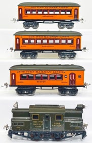 Ives Prewar O Gauge 3253 Olive Green Electric Locomotive/129/130/129 orange and green Passenger Cars