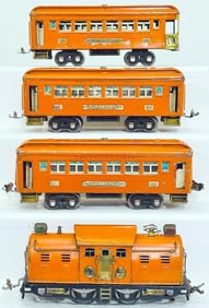 Lionel Prewar O Gauge 4 Orange Bild - A - Loco and 605  -   605  -   606 Orange Passenger Cars