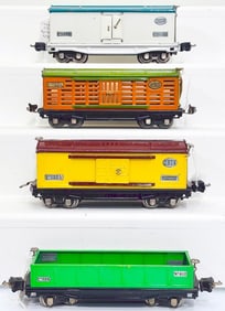 Lionel Prewar O Gauge 2814 cream and maroon Box Car/812 green Gondola/813 Livestock Car