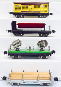 Lionel Prewar O Gauge 2813 cream and maroon Livestock Car/3859 Dump Car/811 silver Lumber Car