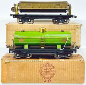 Lionel Prewar Standard Gauge 218 Dump Car with brass ends and 215 green Tank Car