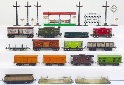 Lionel Prewar Nine (9) Assorted Freight Cars/Ives Prewar O Gauge 3253 Electric Locomotive/Three Cars