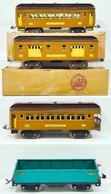 Lionel Prewar Standard Gauge 309 - 310 - 312 2 tone brown Passenger Cars and 512 Peacock Gondola
