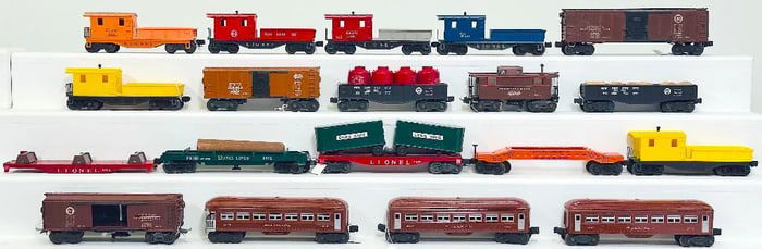 Lionel Postwar O Gauge Sixteen (16) Assorted Freight Cars and 2943 - 2442 - 2442 Brown Passenger