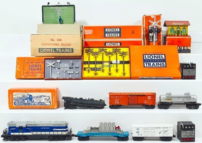 Lionel Postwar O Gauge 334 Dispatching Board and Assorted Freight Cars and Accessories