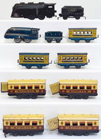 British Marx Prewar O Gauge 4489 Locomotive and LNER Tender/Three (3) blue and cream Passenger Cars