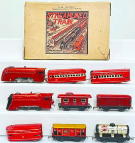 Marx Postwar O Gauge red Mercury Streamliner Set with Tender/ Two Cars and red Commodore Vanderbilt