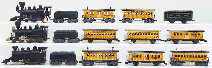 Marx Postwar O Gauge William Crooks Locomotive and Tender X3 and Eight Assorted Old-Fashioned Cars