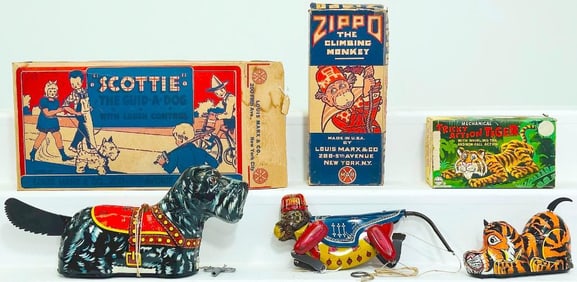 Marx Postwar Toys Mechanical Tricky Action Tiger/ Scottie Dog / Zippo the Climbing Monkey