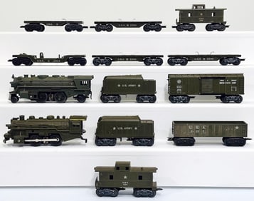 Marx Postwar O Gauge Two Assorted Army Locomotives/Tenders and Nine Assorted Army Freight Cars