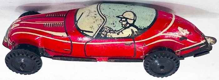 Marx Postwar Toy Plastic red Race Car and red Jeep (with key) and Racetrack