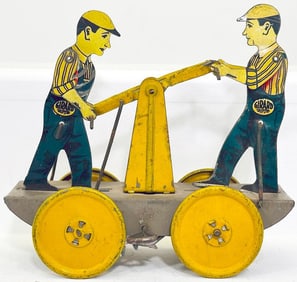 Girard Postwar Toy Hand Car with Two Men Pumping and Pulling