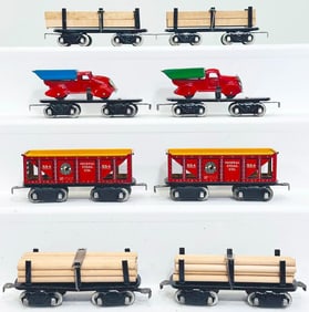 Marx Prewar O Gauge 554 Northern Pacific Gondola X2, Flat Car with Dump Truck X2, Flat Car with Load