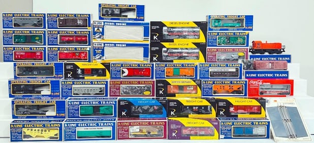 K-Line Modern O Gauge Thirty-Two (32) Assorted Freight Cars Boxed/ New Haven Alco A Powered Diesel