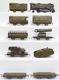 Marx Prewar O Gauge 500 Army Supply Train Locomotive and Tender and Seven Assorted Military Freights