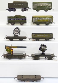 Marx Prewar and Postwar Nine (9) Assorted Military Freight Cars and Tenders