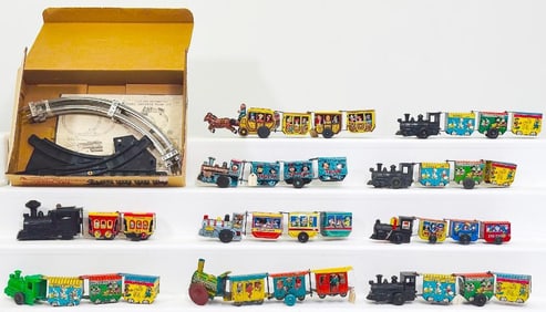 Marx Postwar Toy Nine (9) Assorted Small Trains and Battery-Operated Automatic Switcher Train Set