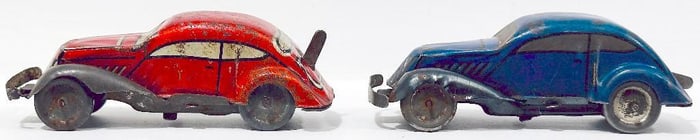 British Marx Postwar Metal Roadway Track with Two (2) Race Cars