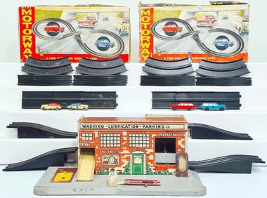 Marx Postwar Toy Motorway Boxed X2 and Wood Keystone Parking Garage and Gas Station