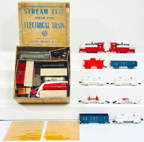 Marx Prewar O Gauge gray Mercury Locomotive and NYC Tender/Eight (8) Assorted Freight Cars Set -RARE