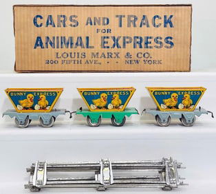 Marx Prewar O Gauge Cars and Track for Animal Express -3 Car Bunny Express and Track