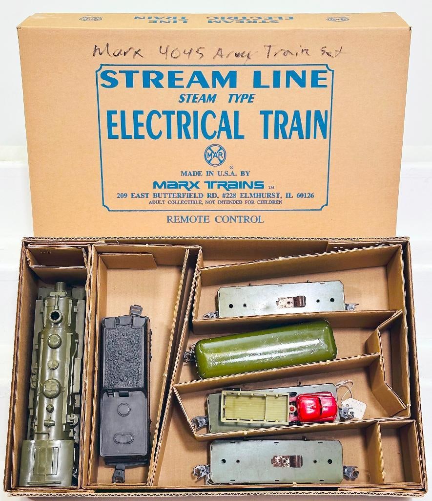 Marx Postwar O Gauge Army Freight Train Set: Marx Postwar O Gauge Army Freight Train Set, including 400 Army Loco, NYC Tender, Army Supply Train Official Car, Army Flat Car with Tractor and Trailer and Army Flat Car with no load and Army Flat Ca