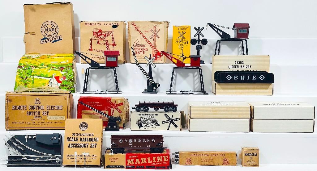 Marx Postwar O Gauge unmarked NYC Crane/No. 1303 Girder Bridge X6/Assorted Accessories and Cars (1 of 11)