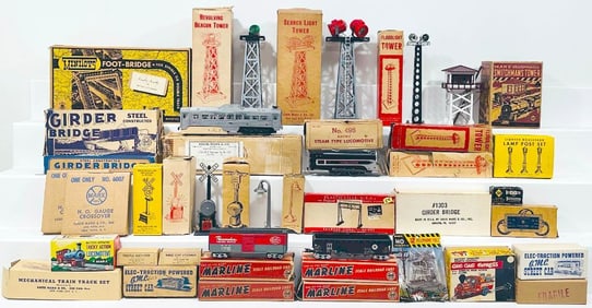 Marx Postwar O Gauge Assorted Freight Cars and Assorted Accessories and Budd Car Boxed