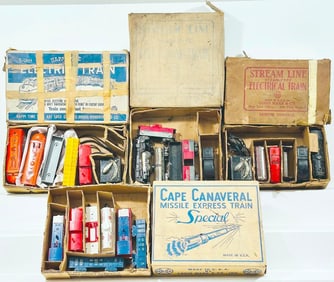 Marx Postwar O Gauge Three (3) Assorted Freight Sets and Cape Canaveral Missile Express Train