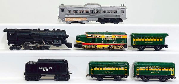 Marx Postwar O Gauge Boston and Maine 2124 Budd Car/1829 Black Locomotive/Tender/Seaboard A Diesel