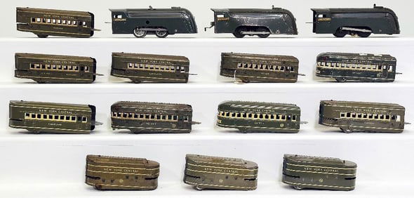 Marx Prewar O Gauge Mercury gray Locomotive/2 Assorted Black Mercury Locomotives/9 Assorted NYC Cars