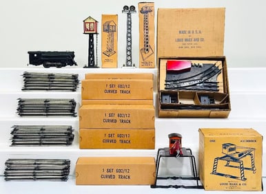 Marx Postwar O Gauge Curved Track 6 sections Boxed X6/412 Derrick/426 Floodlight Tower/413 Switchman