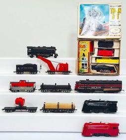 Marx Postwar O Gauge 999 Black Locomotive and NYC Tender with Five (5) Assorted Freight Cars