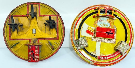 Marx Prewar and Postwar Toy Coast Defense/ Guns Circular Metal Setting/ Honeymoon Express Train
