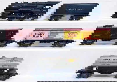 Lionel Prewar O Gauge 258 Black Locomotive and 1689T Tender with Three (3) Assorted Freight Cars