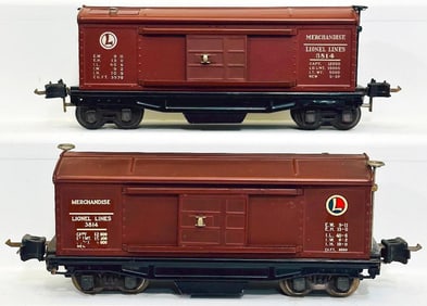 Lionel Prewar O Gauge 3814 Merchandise Car without L Insignia and 3814 Merchandise Car with Decals