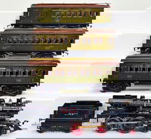 Bing Prewar One Gauge 4 -4 -0 Locomotive and Tender with 1207/1250/1207 Passenger Cars