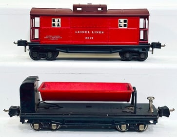 Lionel Prewar O Gauge 2817 red and brown Caboose and 3859 Dump Car
