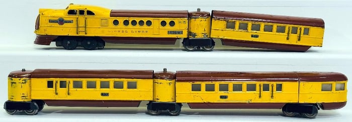 Lionel Prewar O Gauge 636W Yellow and Brown City of Denver 4 Car Streamliner Set with Vestibules