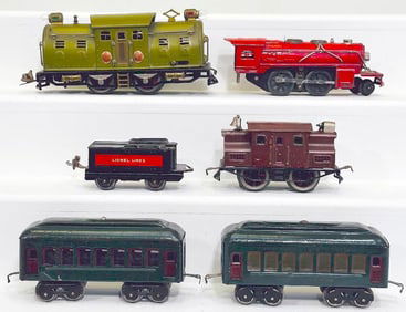 Lionel Prewar O Gauge 254E Olive Green Electric Loco/150 Maroon Electric Loco/601 and 602 Cars