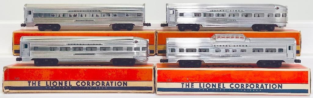 Lionel Postwar O Gauge 2531 -2533 -2532 -2531 Aluminum Passenger Cars: Lionel Postwar O Gauge 2531 -2533 -2532 -2531 Aluminum Passenger Cars, each in C7 and each with its original box, with some end flap issues for each of the boxes, except the 2532 box has both end flap