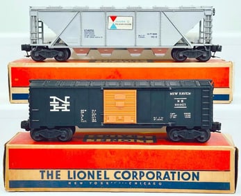Lionel Postwar O Gauge 6464 -425 New Haven Box Car black with orange doors Boxed and 6346 Alcoa Car