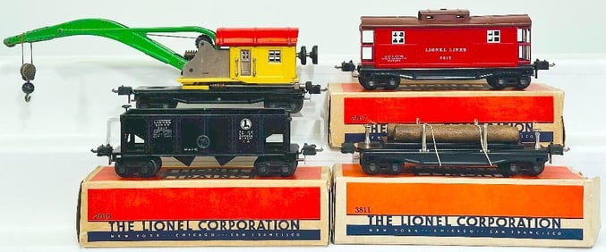 Lionel Prewar O Gauge 2810 Crane with red roof -2816 Coal Car -3811 Lumber Car -2817 Caboose