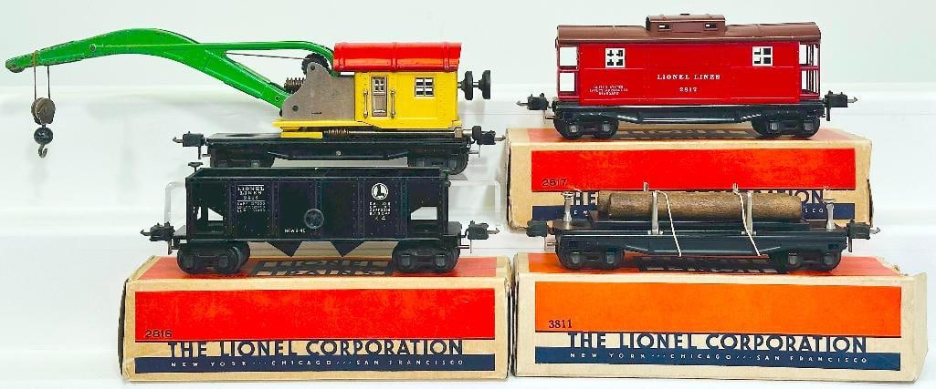 Lionel Prewar O Gauge 2810 Crane with red roof -2816 Coal Car -3811 Lumber Car -2817 Caboose (1 of 8)