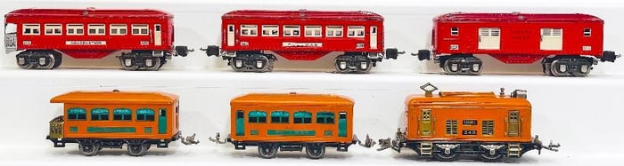 Lionel Prewar O Gauge 248 orange Locomotive Electric/629?630 and 2600 - 2601 - 2602 Passenger Cars